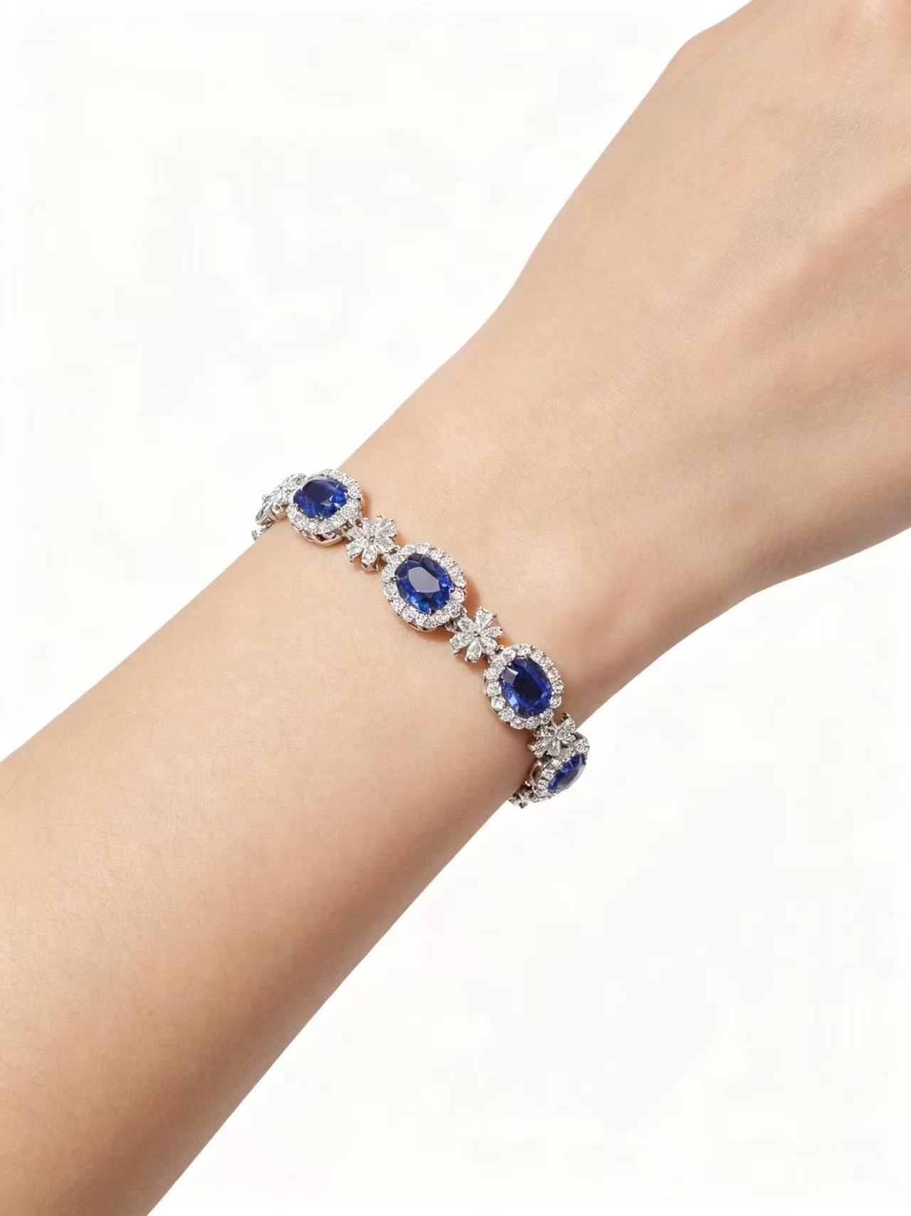 Oval Sapphire Tennis Bracelet Silver Plated Halo Crystal Diamond Bracelets Women Luxury Royal Blue Gemstone Wedding Bridal Jewelry Gift