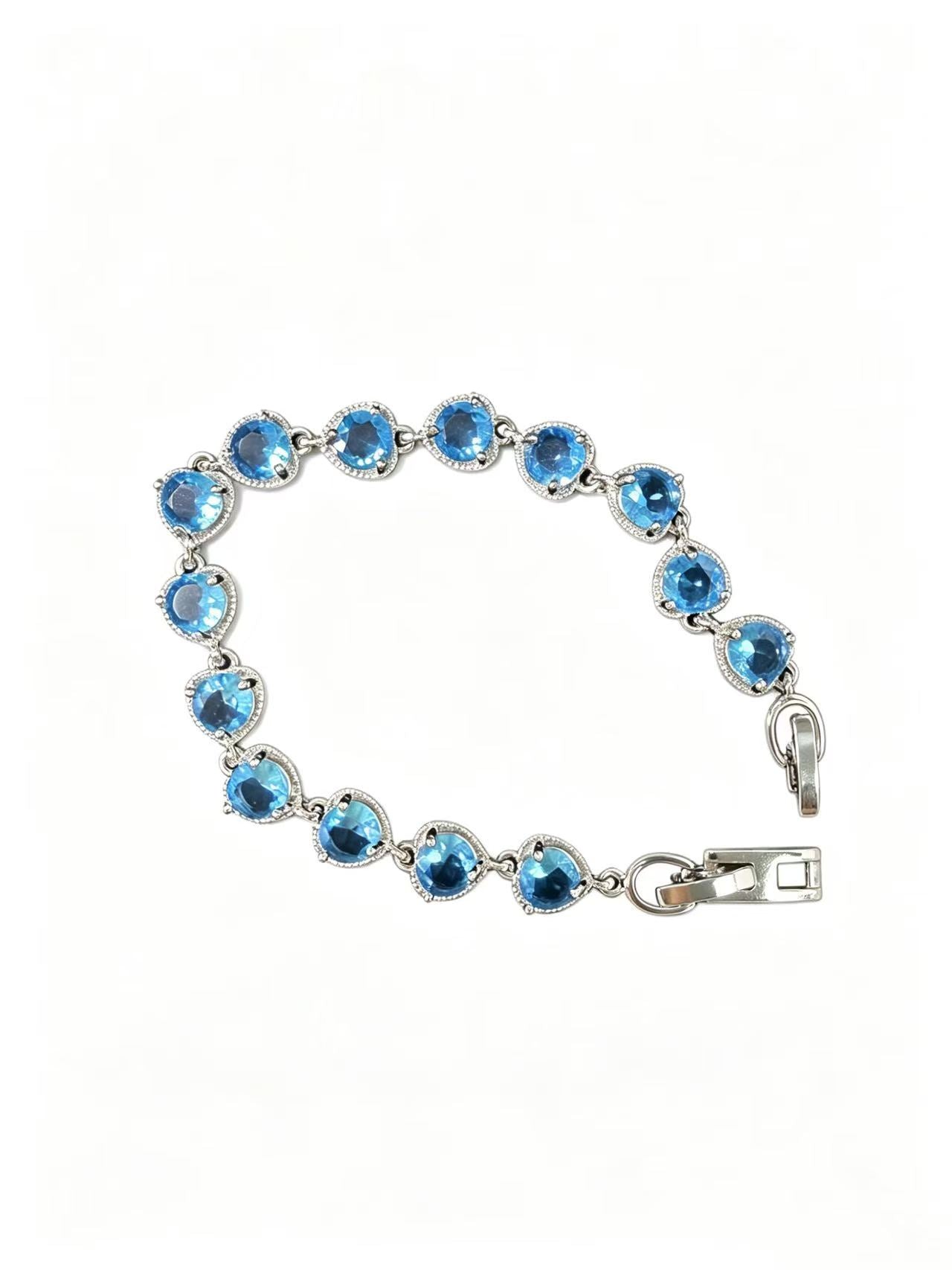 Halo Paved CZ Sky Blue Topaz Tennis Bracelet, Rhodium Plated Silver Dainty Sparkling Faceted Blue Crystal Link Bracelet Adjustable Clasp Elegant Ocean Blue Gemstone Jewelry