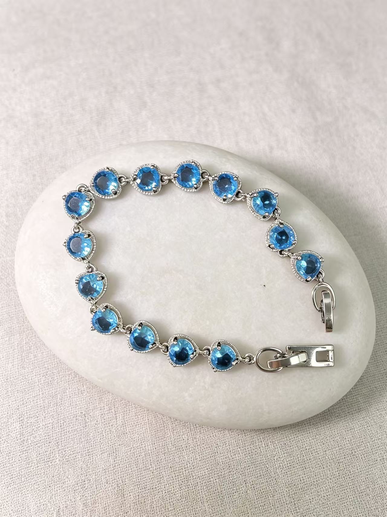 Halo Paved CZ Sky Blue Topaz Tennis Bracelet, Rhodium Plated Silver Dainty Sparkling Faceted Blue Crystal Link Bracelet Adjustable Clasp Elegant Ocean Blue Gemstone Jewelry