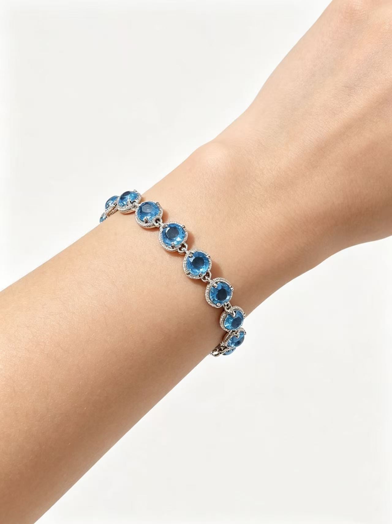 Halo Paved CZ Sky Blue Topaz Tennis Bracelet, Rhodium Plated Silver Dainty Sparkling Faceted Blue Crystal Link Bracelet Adjustable Clasp Elegant Ocean Blue Gemstone Jewelry