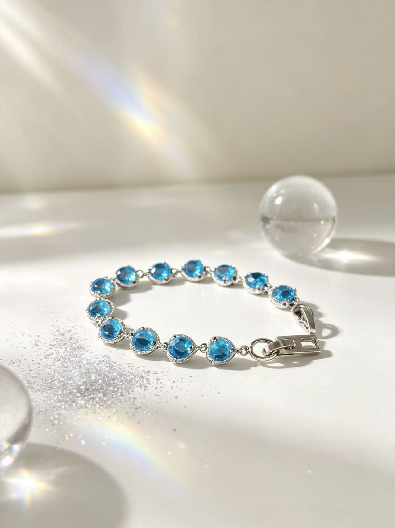 Halo Paved CZ Sky Blue Topaz Tennis Bracelet, Rhodium Plated Silver Dainty Sparkling Faceted Blue Crystal Link Bracelet Adjustable Clasp Elegant Ocean Blue Gemstone Jewelry