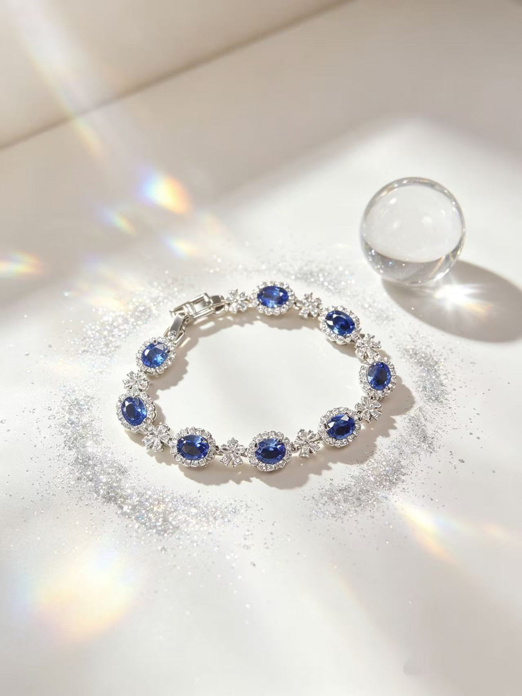 Oval Sapphire Tennis Bracelet Silver Plated Halo Crystal Diamond Bracelets Women Luxury Royal Blue Gemstone Wedding Bridal Jewelry Gift